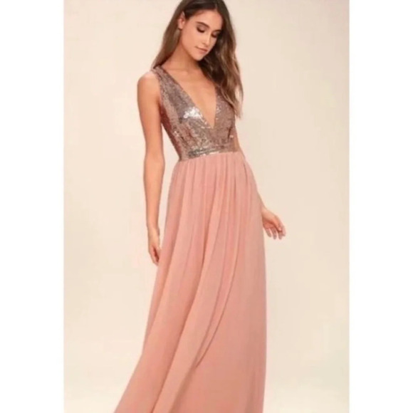 Lulu's Elegant Encounter Rose Gold Sequin Maxi Dress MEDIUM Style 401032 - Picture 4 of 15